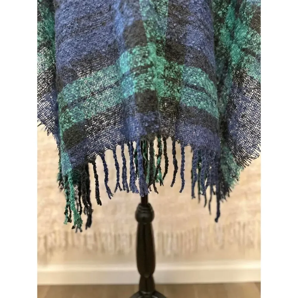Handmade knit poncho shawl wrap fringe  green blue plaid boho indie cottagecore